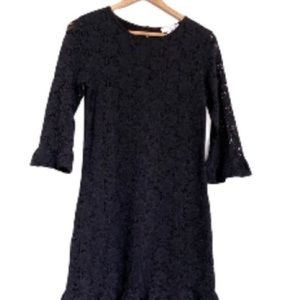 Papillon Blanc dress shift black lace lined 3/4 sleeve with ruffle LBD